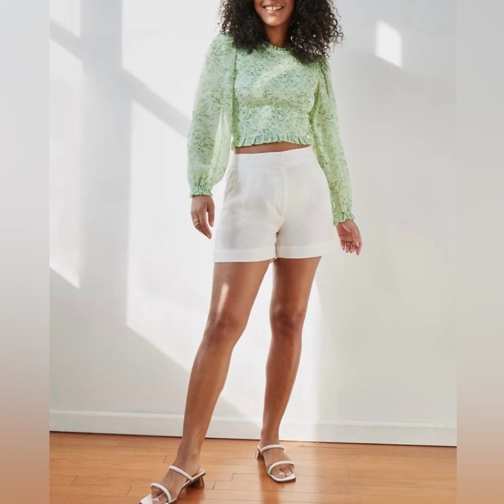 Aritzia Wilfred Tempest Blouse Smocked Bodice Sheer Sleeves Green Botanical L - Picture 2 of 11